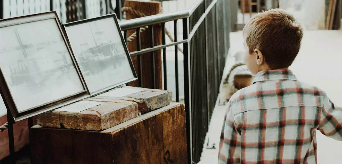 little boy looking at a museum display